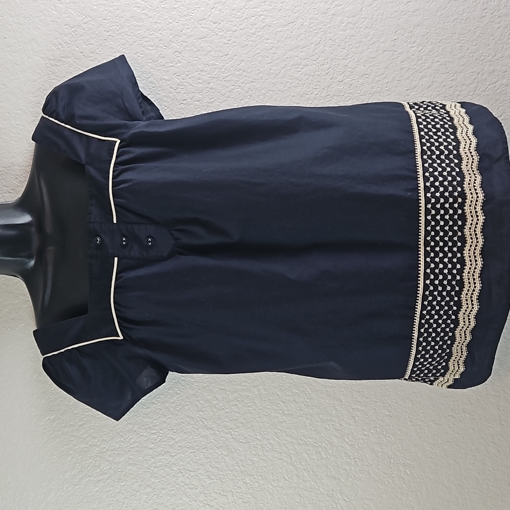Loft | Women's Dark Navy Pull-On Cotton Short Sleeves Embroidered Top Sz 810